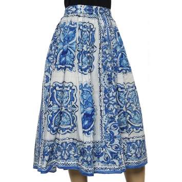 Pre Owned Dolce and Gabbana Blue Tile Printed Cotton Gathered Midi Skirt  L