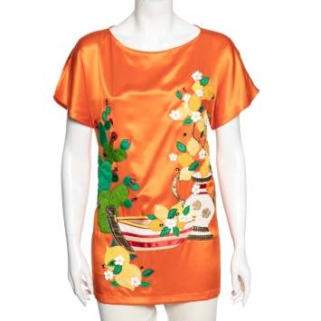 Pre Owned Dolce & Gabbana Orange Silk Lemon Crystal Applique Embellished Top M