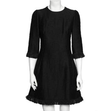 Pre Owned Dolce & Gabbana Black Boucle Fringed Mini Dress M