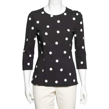 Pre Owned Dolce & Gabbana Black Polka Dotted Crepe Fitted Waist Top M
