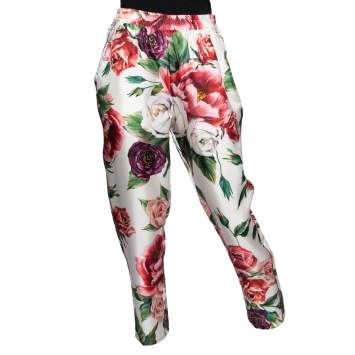 Pre Owned Dolce & Gabbana White Peony Printed Silk Pajama Pants M