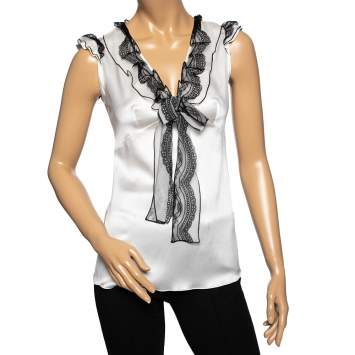 Pre Owned Dolce & Gabbana White Silk Ruffle Lace Trimmed Sleeveless Top M