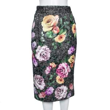 Pre Owned Dolce & Gabbana Monochrome Knit Floral Laser Cut Pencil Skirt M