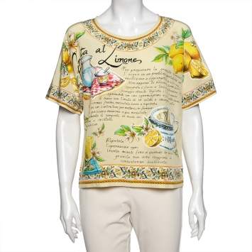 Pre Owned Dolce & Gabbana Yellow Lemon Printed Silk Top M