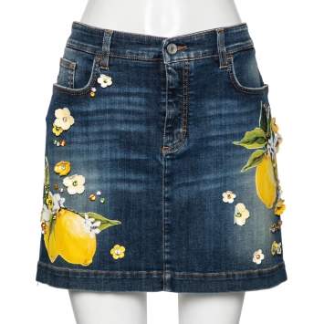 Pre Owned Dolce & Gabbana Blue Denim Lemon and Floral Applique Skirt L