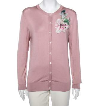 Pre Owned Dolce & Gabbana Pink Knit Floral Applique Long Sleeve Cardigan M