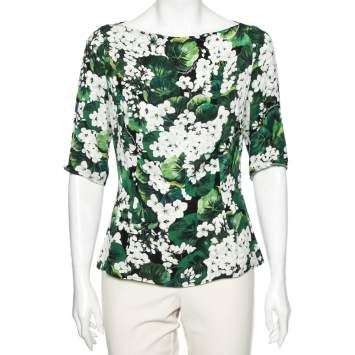 Pre Owned Dolce & Gabbana Exclusive Green Hydrangea Printed Silk Top L