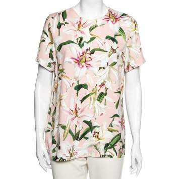Pre Owned Dolce & Gabbana Pink Lily Printed Crepe Top M