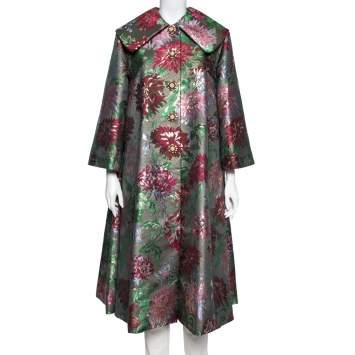 Pre Owned Dolce & Gabbana Multicolored Floral Lurex Brocade Flared Coat M