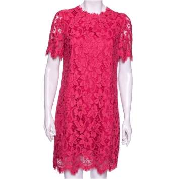 Pre Owned Dolce & Gabbana Pink Floral Lace Crew Neck Short Sleeve Dress M
