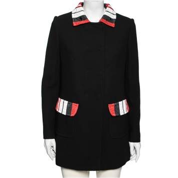 Pre Owned Dolce & Gabbana Black Wool Crepe Contrast Trim Detail Button Front Coat M