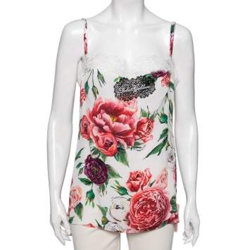 Pre Owned Dolce & Gabbana Multicolor Floral Printed Lace Trim Top M