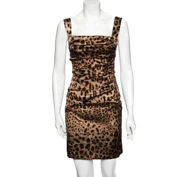 Pre Owned Dolce & Gabbana Brown Animal Printed Satin Ruched Sleeveless Mini Dress M