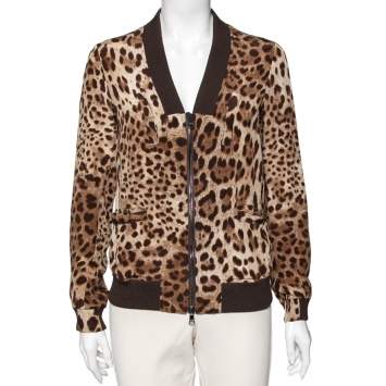 مملوكة مسبقًا Dolce & Gabbana Brown Animal Printed Silk V-Neck Zip Front Bomber Jacket S