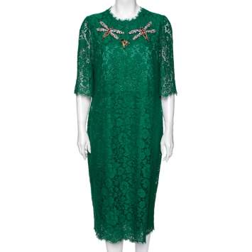 Pre Owned Dolce & Gabbana Green Lace Dragon Fly Embellished Midi Dress XL