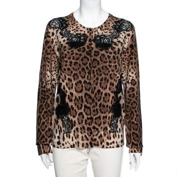 Pre Owned Dolce & Gabbana Brown Leopard Print Wool Lace Paneled Button Front Cardigan XL