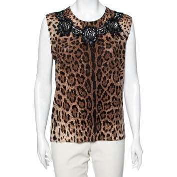 Pre Owned Dolce & Gabbana Brown Leopard Print Wool Lace Panel Sleeveless Top XL