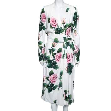 Pre Owned Dolce & Gabbana White Floral Printed Synthetic Side Pleated Dress XL