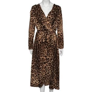 Pre Owned Dolce & Gabbana Brown Leopard Print Belted Slit Detailed Midi Dress XL