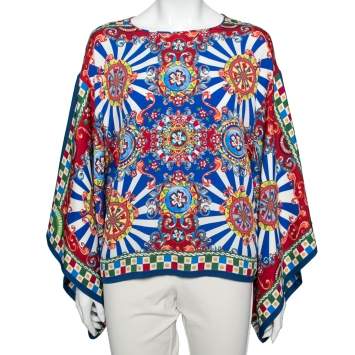 Pre Owned Dolce & Gabbana Multicolor Carretto Siciliano Print Silk Top M