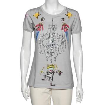 Pre Owned Dolce & Gabbana Grey Printed Cotton Crew Neck Short Sleeve Top M