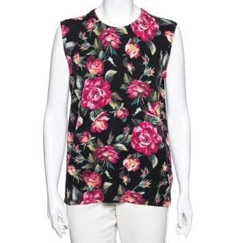 Pre Owned Dolce & Gabbana Black and Pink Rose Printed Cashmere Crew Neck Sleeveless Top M