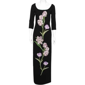 Pre Owned Dolce & Gabbana Black Wool Floral Embroidered Bodycon Slit Detailed Maxi Dress S