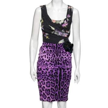 Pre Owned Dolce & Gabbana Purple and Black Leopard and Floral Printed Silk Ruched Midi Dress S