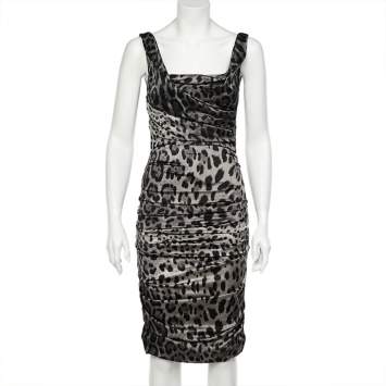 مملوكة مسبقًا Dolce & Gabbana Grey Leopard Printed Silk Ruched Dress S