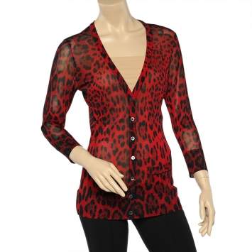 Pre Owned Dolce & Gabbana Red Leopard Printed Lurex Knit Cardigan M