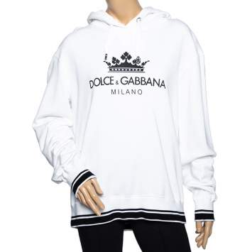 Pre Owned Dolce & Gabbana White Logo Printed Cotton Oversized Hoodie S