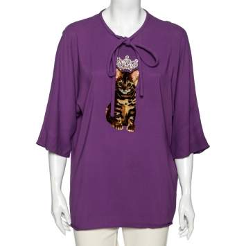 Pre Owned Dolce & Gabbana Purple Crepe Cat Zambia Tiara Blouse M