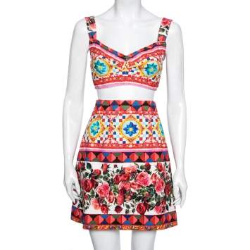 Pre Owned Dolce & Gabbana Multicolor Carretto Roses Print Cotton Crop Top & Skirt Set M