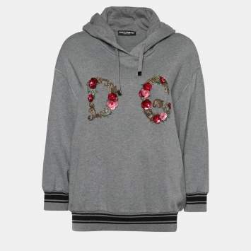 Pre Owned Dolce & Gabbana Grey Terry Knit Floral Logo Hoodie M