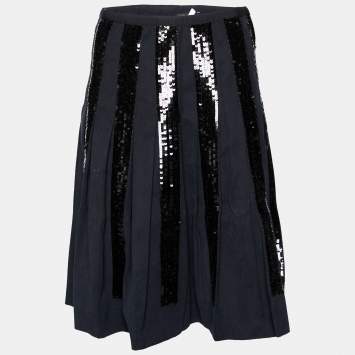 Pre Owned Dolce & Gabbana Black Sequin Embellished Striped Cotton Pleated Skirt M