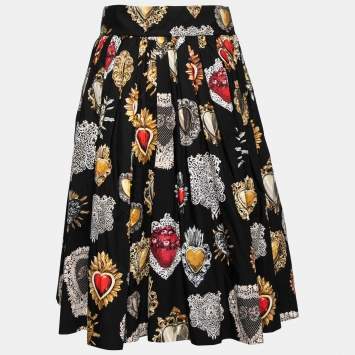 Pre Owned Dolce & Gabbana Black Sacred Heart Print Cotton Pleated Skirt M