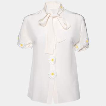 Pre Owned Dolce & Gabbana Off White Silk Floral Appliqued Blouse S