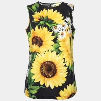 Pre Owned Dolce & Gabbana Black & Yellow Sunflower Print Cotton Top S