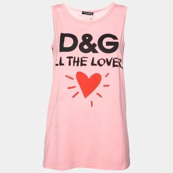 Pre Owned Dolce & Gabbana Pink Cotton Logo Printed Sleeveless T-Shirt S