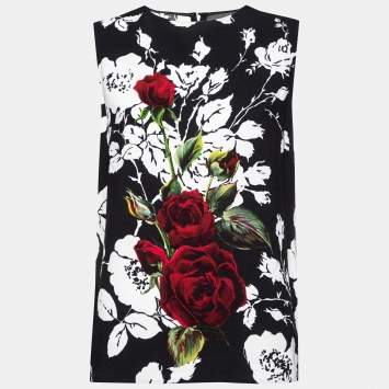 Pre Owned Dolce & Gabbana Black Floral Printed Crepe Sleeveless Top L