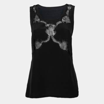 مملوكة مسبقًا Dolce & Gabbana Black Silk & Cotton Lace Inset Detailed Sleeveless Top M