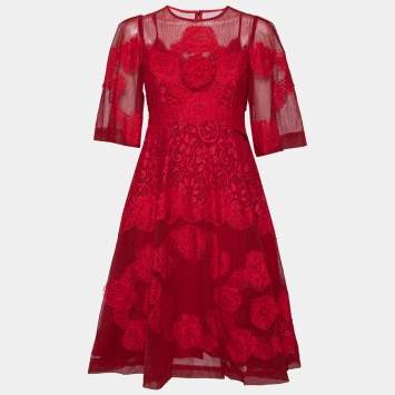 Pre Owned Dolce & Gabbana Red Tulle & lace Trimmed Flared Dress M