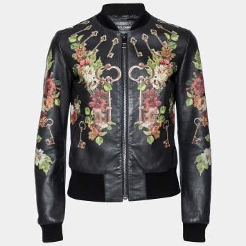 مملوكة مسبقًا Dolce & Gabbana Black Floral Printed Leather Bomber Jacket S