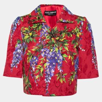 Pre Owned Dolce & Gabbana Red Floral Printed Jacquard Cropped Jacket S