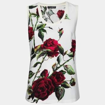 Pre Owned Dolce & Gabbana White Rose Printed Cotton Sleeveless Top S