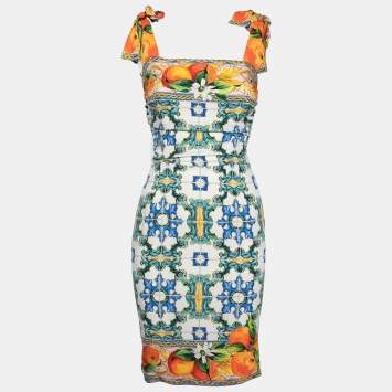 Pre Owned Dolce & Gabbana Multicolored Printed Silk Ruched Detail Dress S