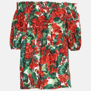 Pre Owned Dolce & Gabbana Red Floral Print Poplin Off Shoulder Blouse M