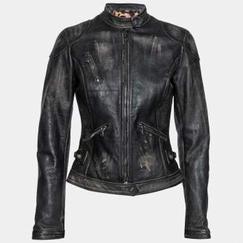 مملوكة مسبقًا Dolce & Gabbana Black Faded Effect Leather Zip Front Biker Jacket S
