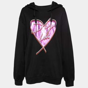 Pre Owned Dolce & Gabbana Black Cotton Love Heart Logo Printed Hoodie M