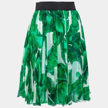 Pre Owned Dolce & Gabbana Green Leaf Printed Silk Chiffon Skirt M